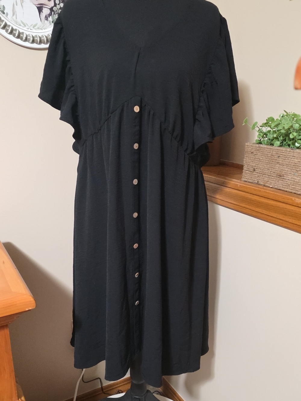 Black Button-Front Midi Dress with Flutter Sleeves